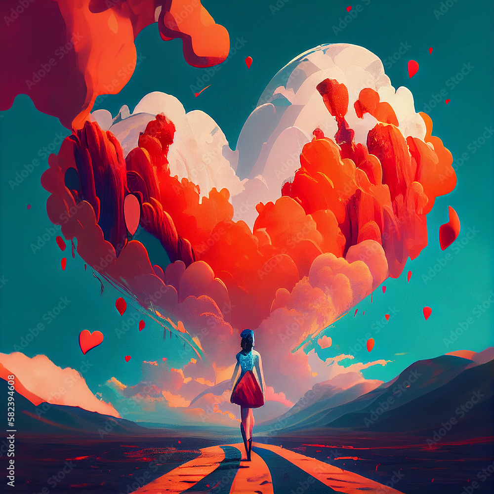 Huge heart in the sky, woman walking on a road, love and passion, self esteem and mental health care concept, positive thinking, creative mind, generative AI Stock Illustration