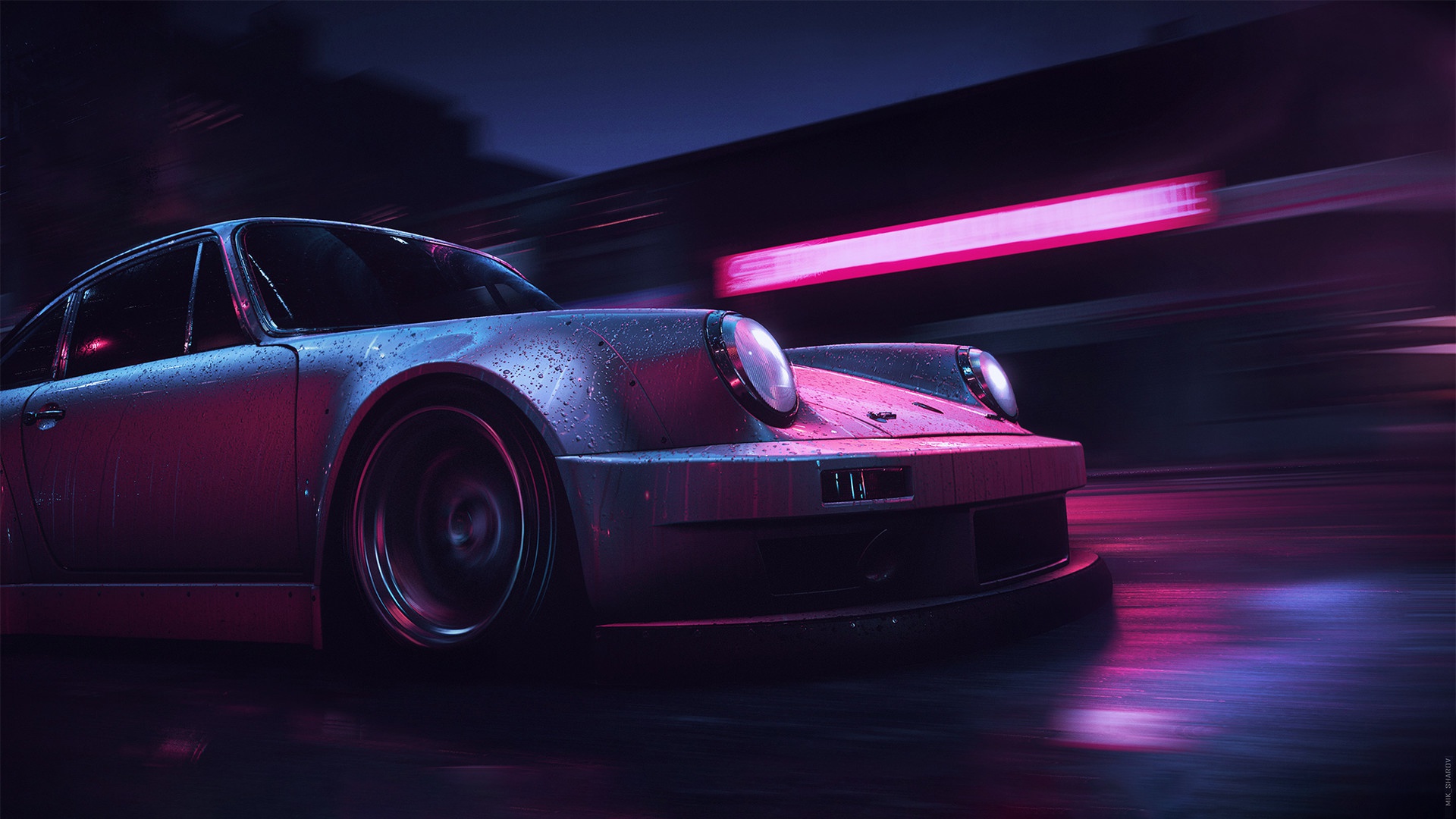 Porsche, vehicle, digital art, car, water drops, neon, retrowavex1080 Wallpaper