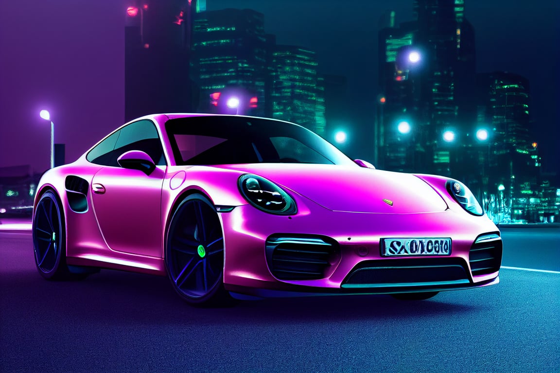 prompthunt: straight front view photography of a Porsche super car, purple color, polished metal, green neon, led headlights, bright headlights, Tokyo at night, 3D rendering, high resolution, sharp focus, ultra detailed, ultra