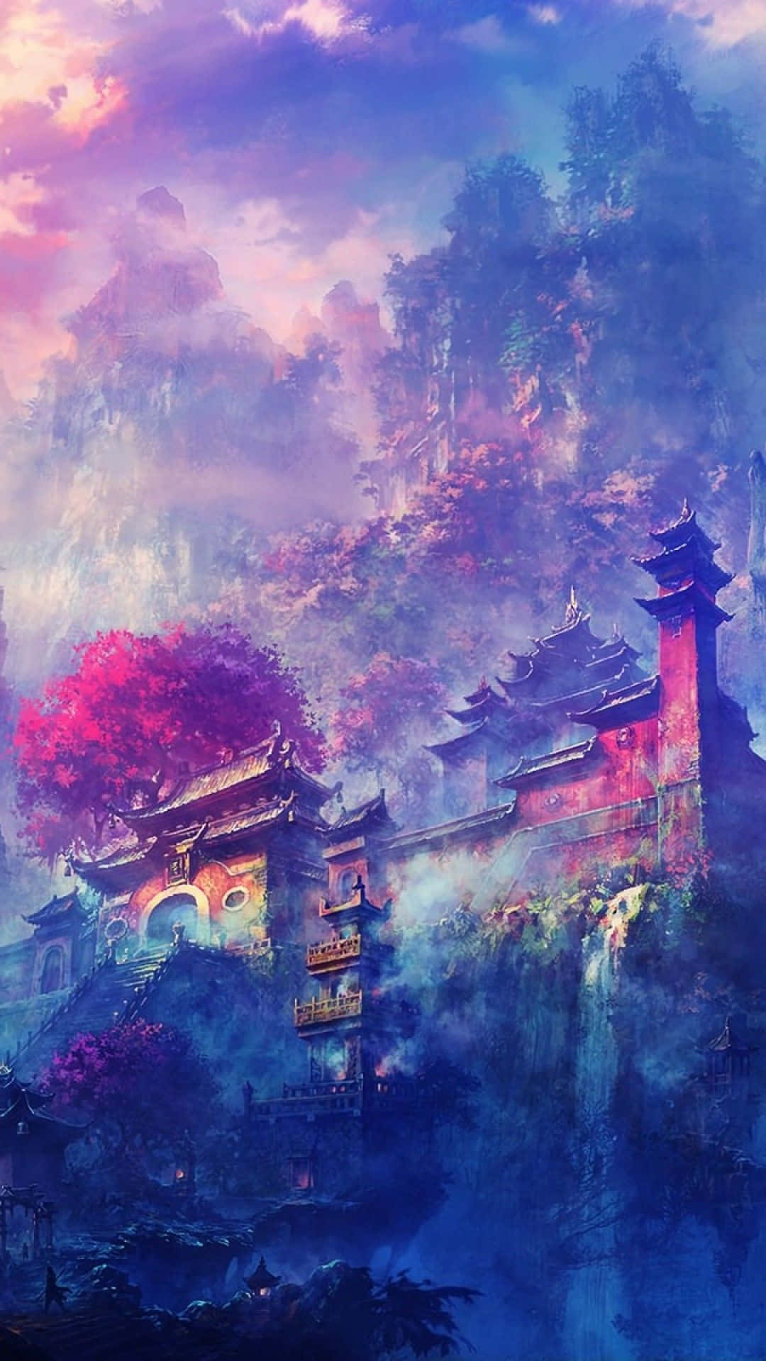 Download A Painting Of A Chinese Village With A Waterfall Wallpaper