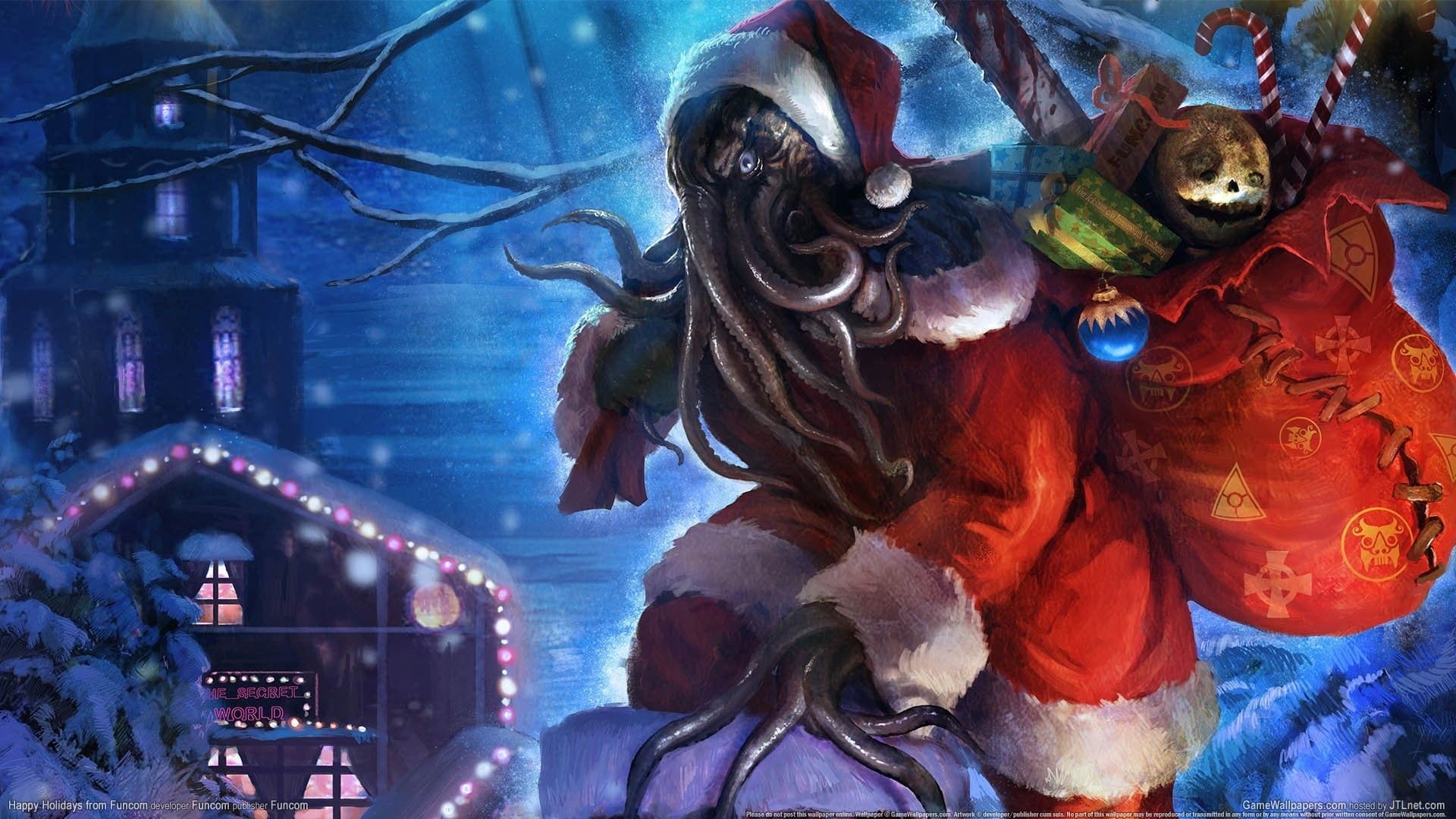 Santa Claus with tentacles wallpaper #Cthulhu #horror #creature #Christmas #artwork H. P. Lovecraft P #wall. Cthulhu, Christmas wallpaper background, Horror