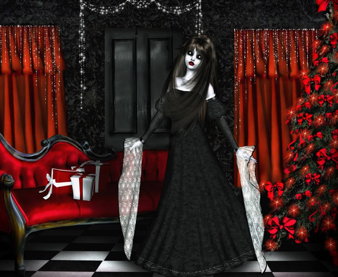 Download A Woman In A Black Dress Standing In Front Of A Christmas Tree Wallpaper