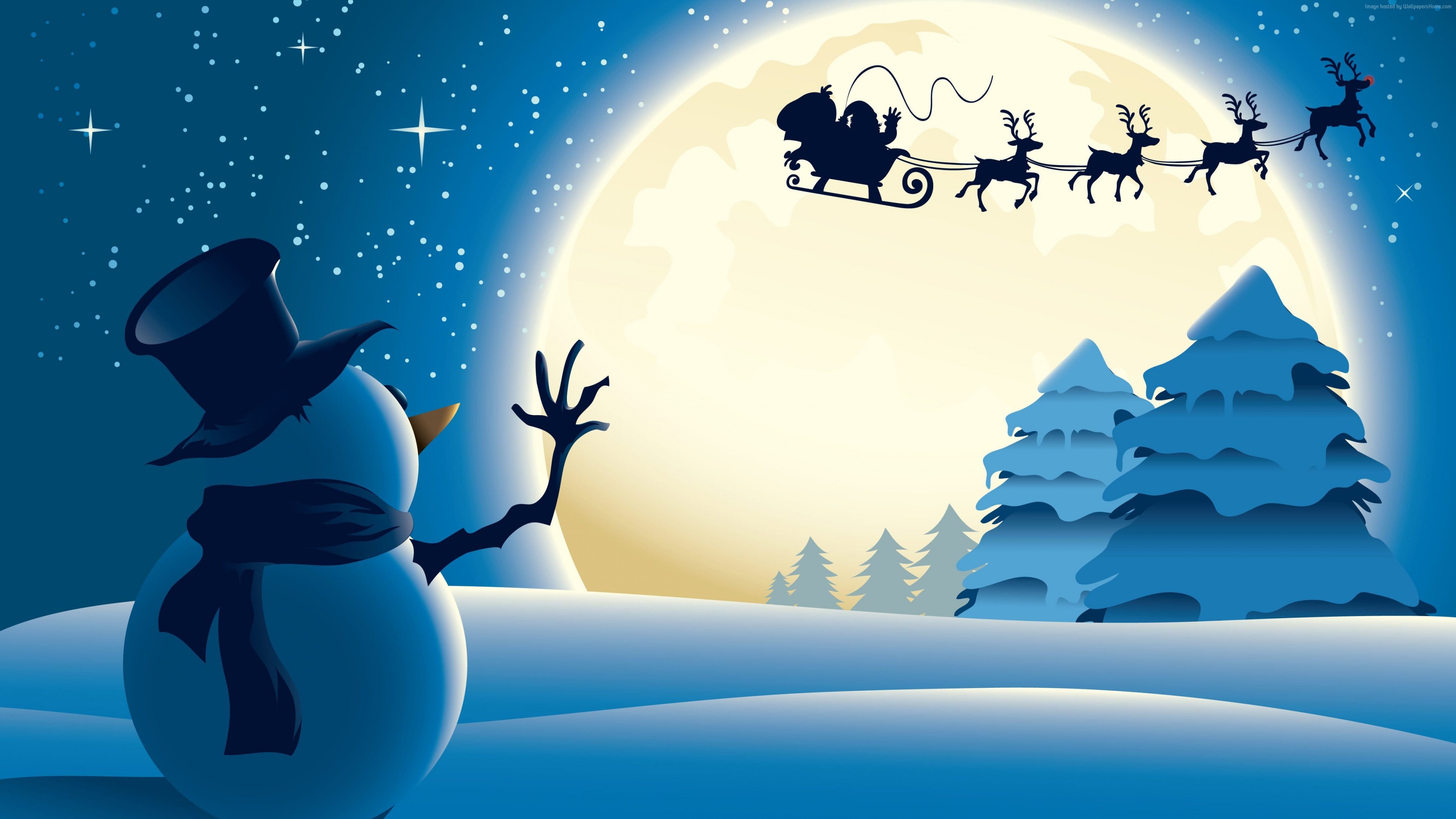 Wallpaper Christmas, New Year, Santa, deer, snowman, moon, winter, 4k, Holidays Wallpaper Download Resolution 4K Wallpaper