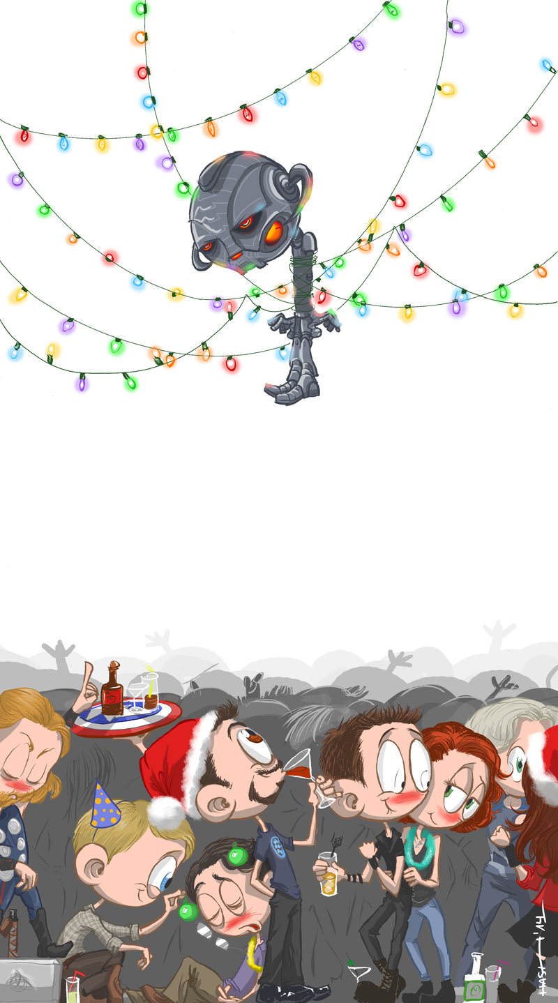 Avengers Christmas Party! (Ultron you have holiday strings on you?). Marvel wallpaper, Avengers fan art, Geek christmas