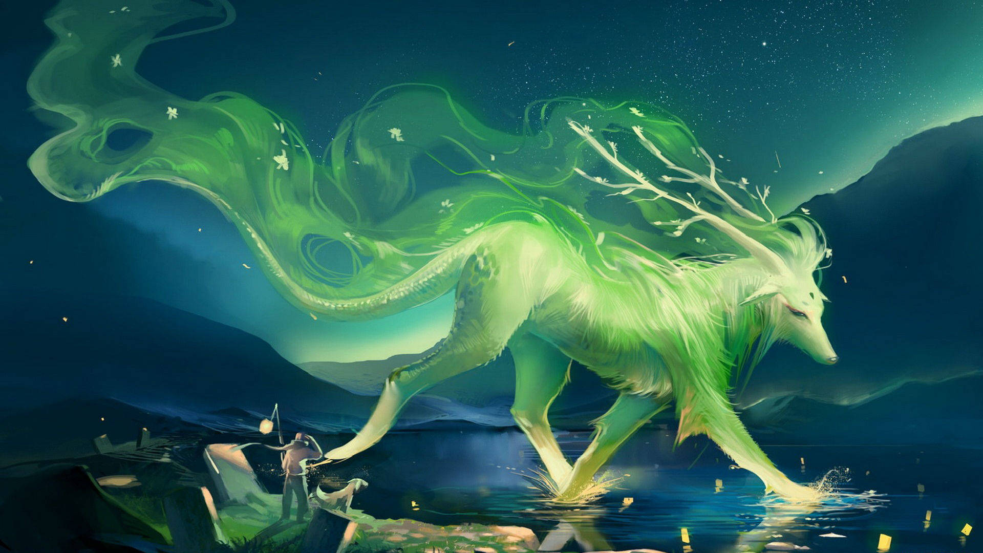 Download Mythical Creature Green White Wolf Wallpaper