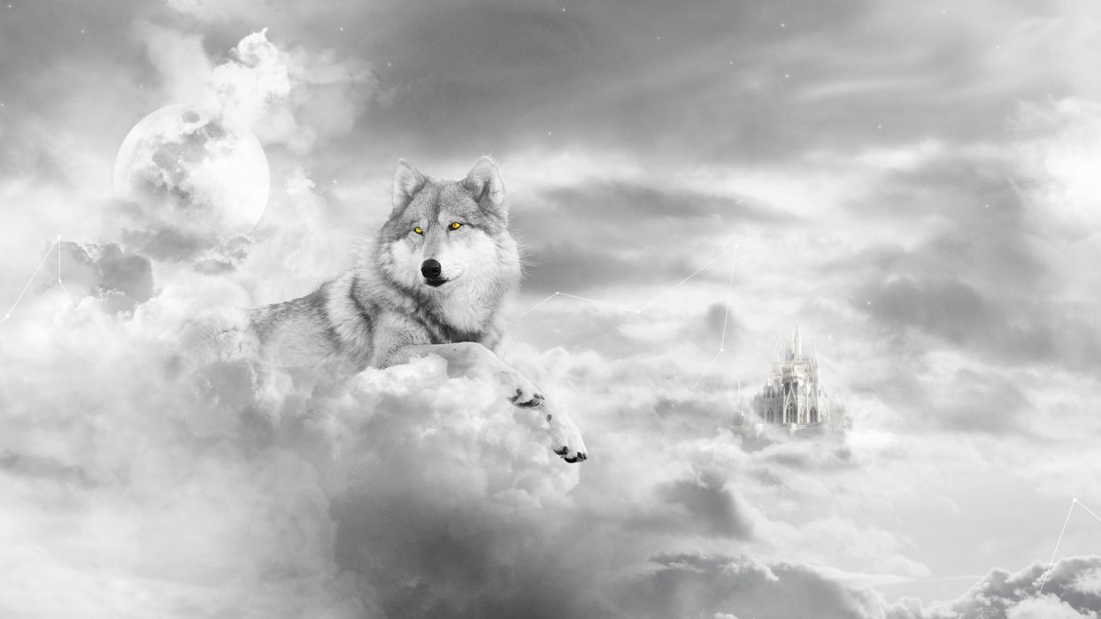Animals wolf wolves fur face clouds sky fantasy cg digital art castle dream surreal psychedelic mystical mythical moon sun light wallpaperx1080