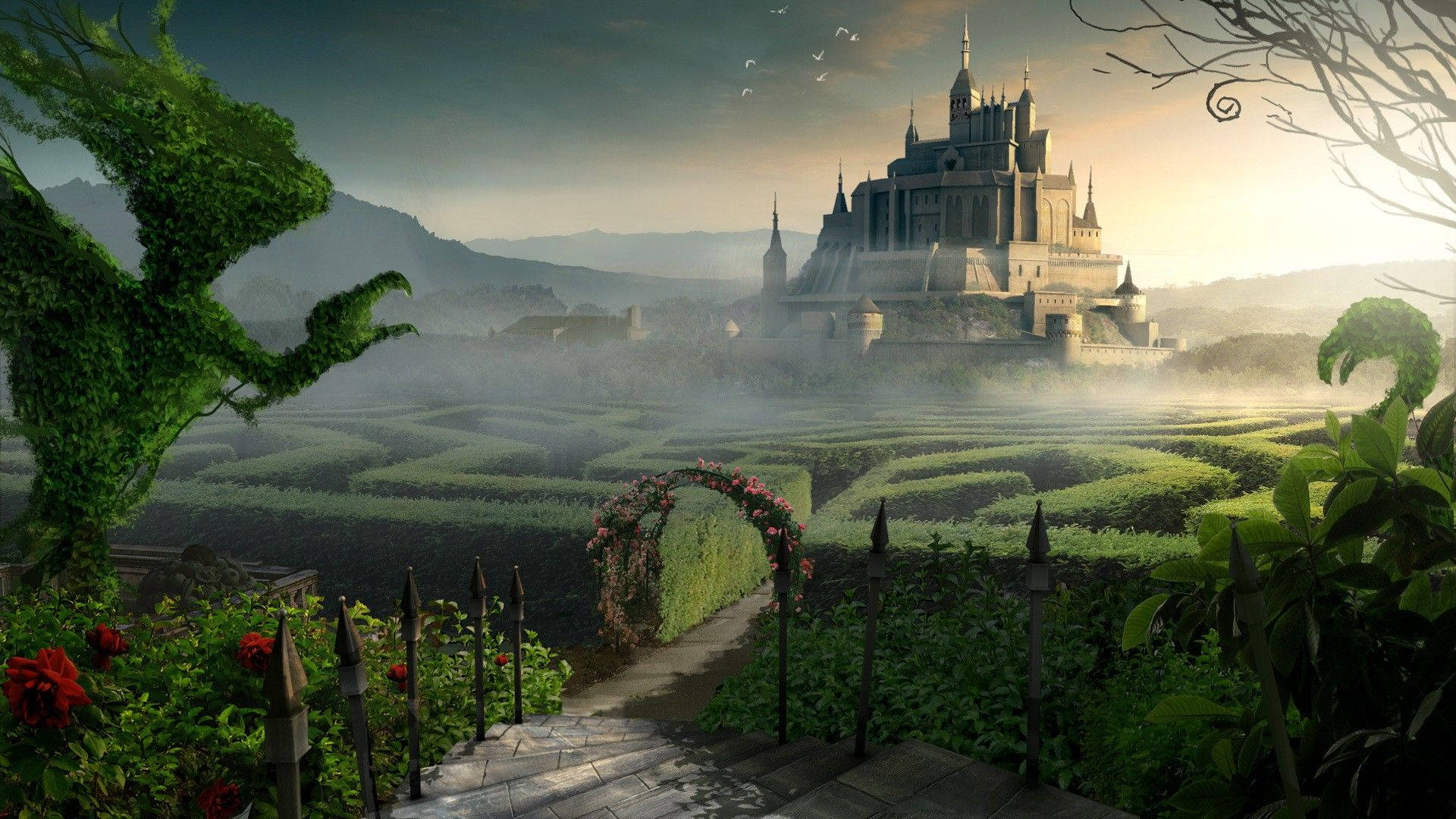 Download A Castle hides amid a Fantasy Landscape Wallpaper