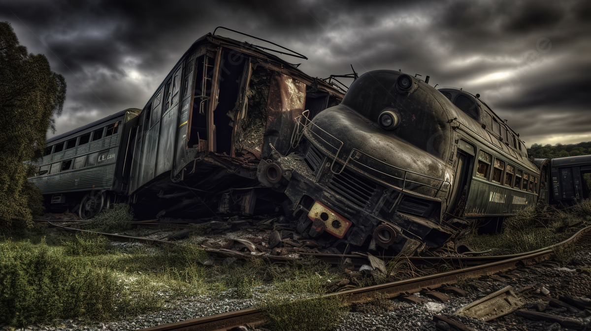 image Of Abandoned Trains On Dark Cloudy Day Background, Picture Of Train Wrecks Background Image And Wallpaper for Free Download