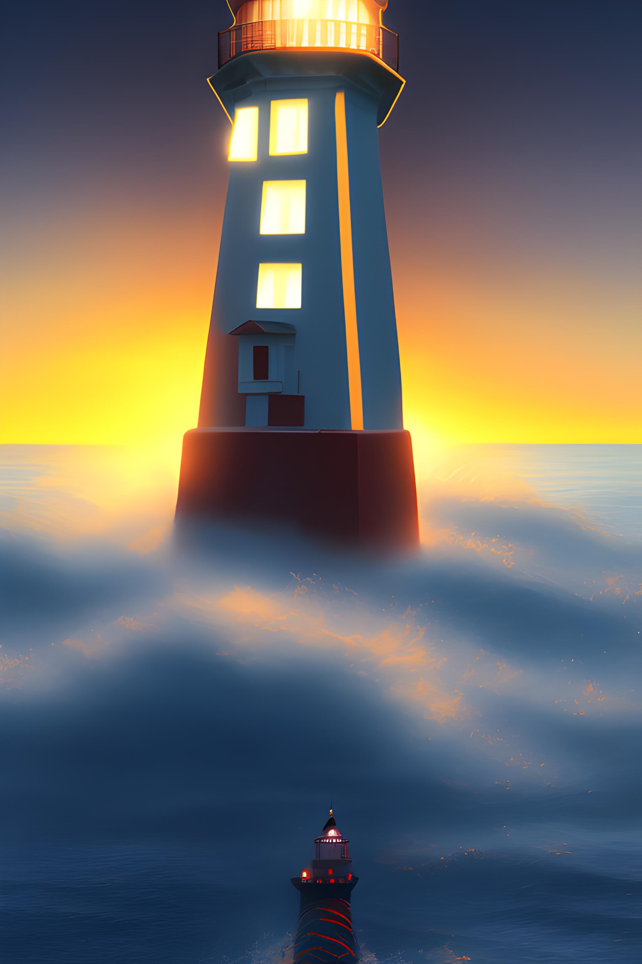 Lighthouse with setting sun in the background, some portion of the sea, ultra realistic, portrait mode