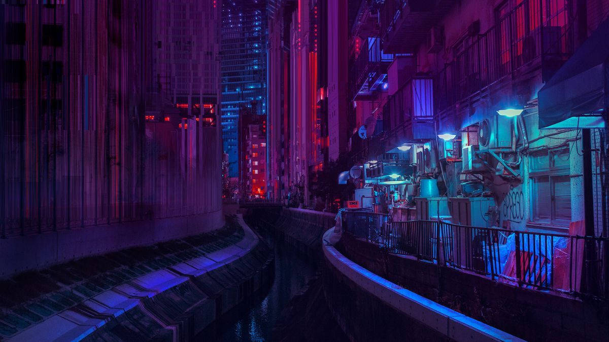 Download Aesthetic Purple Neon Computer Screen Dark Alley Wallpaper