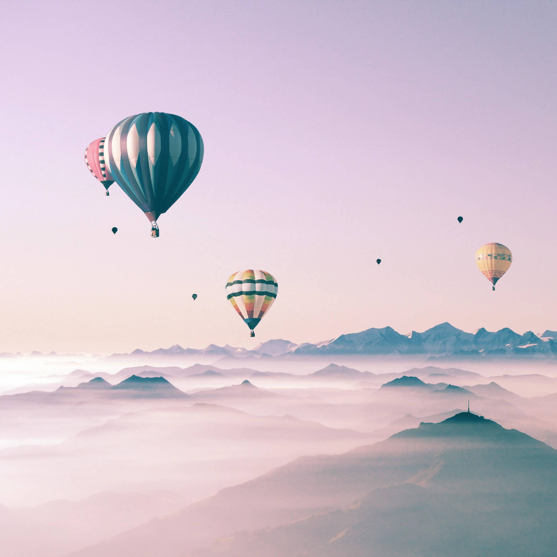 Download Colorful hot air balloons soaring in a beautiful sky displayed on a cute iPad. Wallpaper