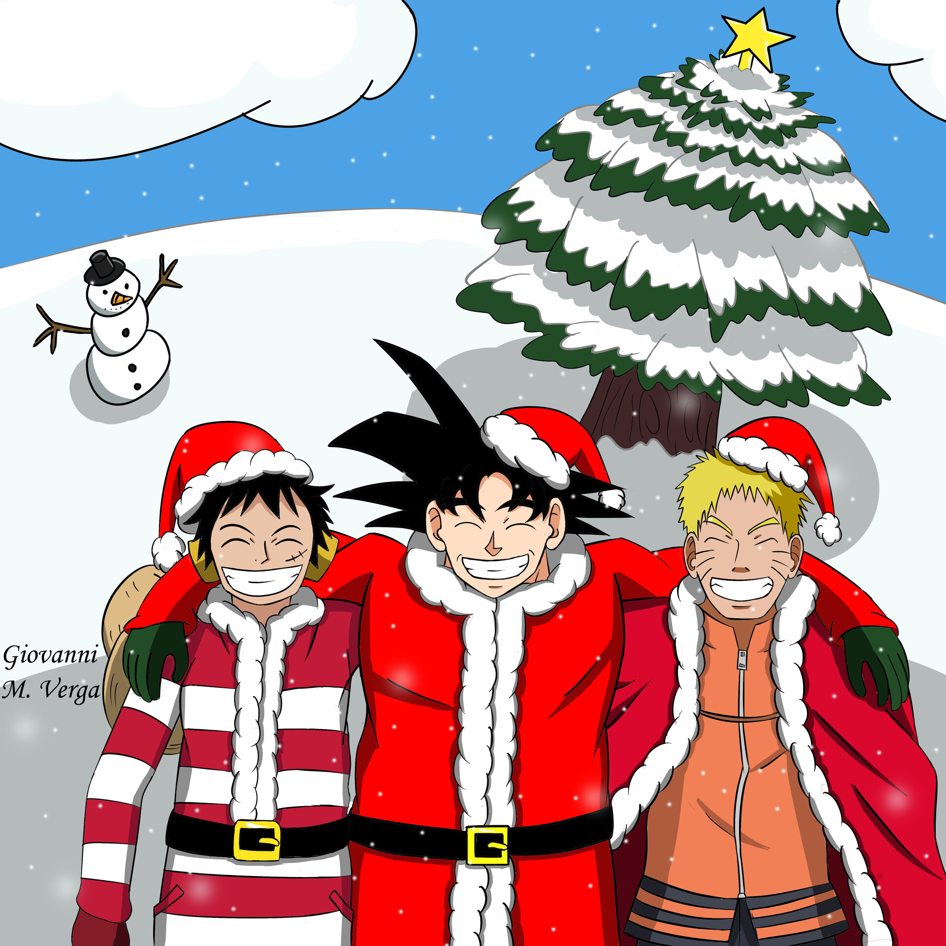 Goku Luffy Naruto celebrating merry christmas