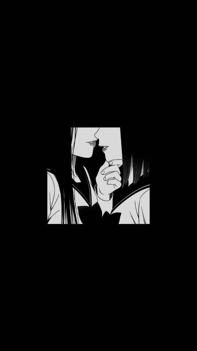 Download Girls Kiss Anime Black And White iPhone Wallpaper
