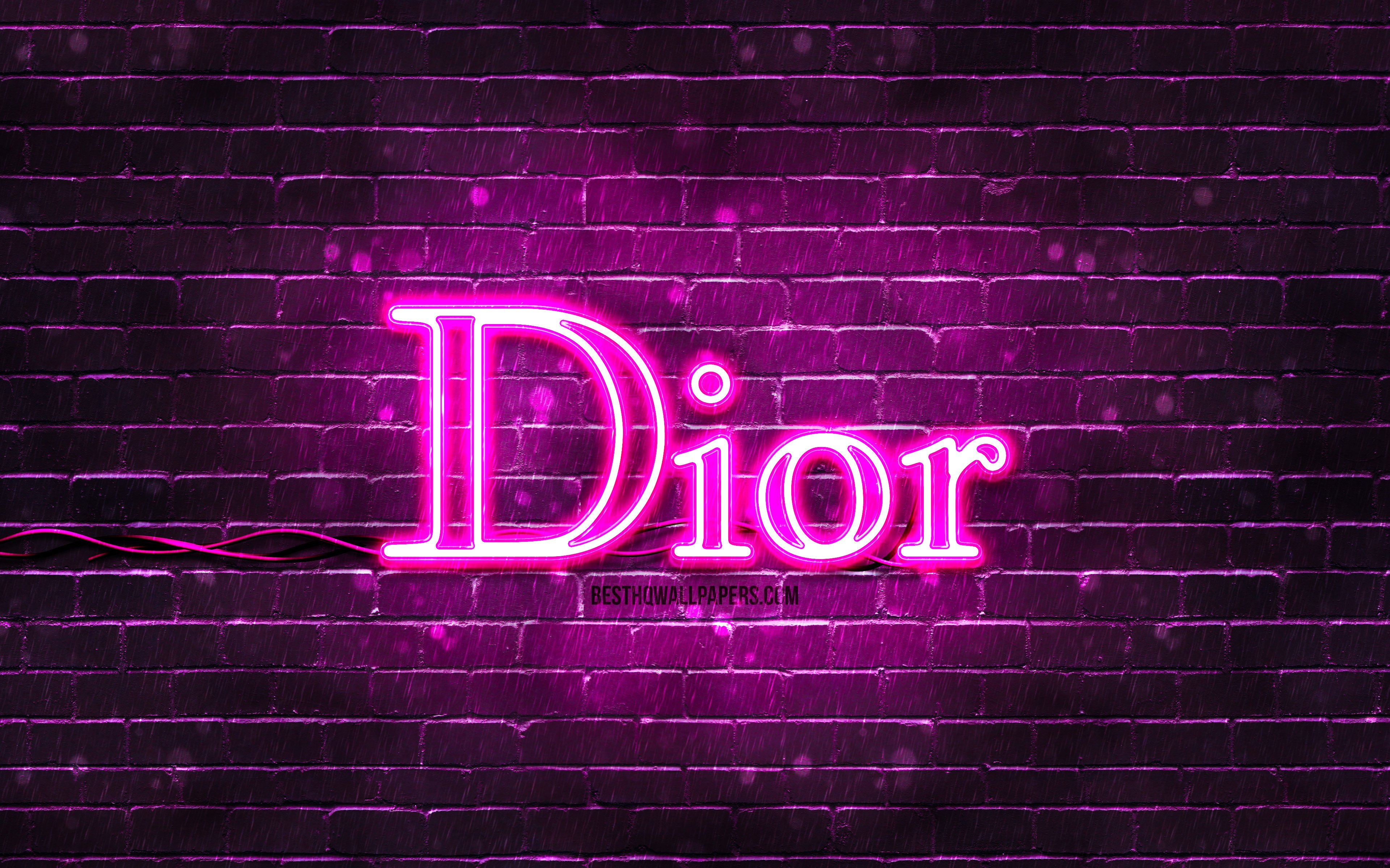 Download wallpaper Dior purple logo, 4k, purple brickwall, Dior logo, fashion brands, Dior neon logo, Dior for desktop with resolution 3840x2400. High Quality HD picture wallpaper
