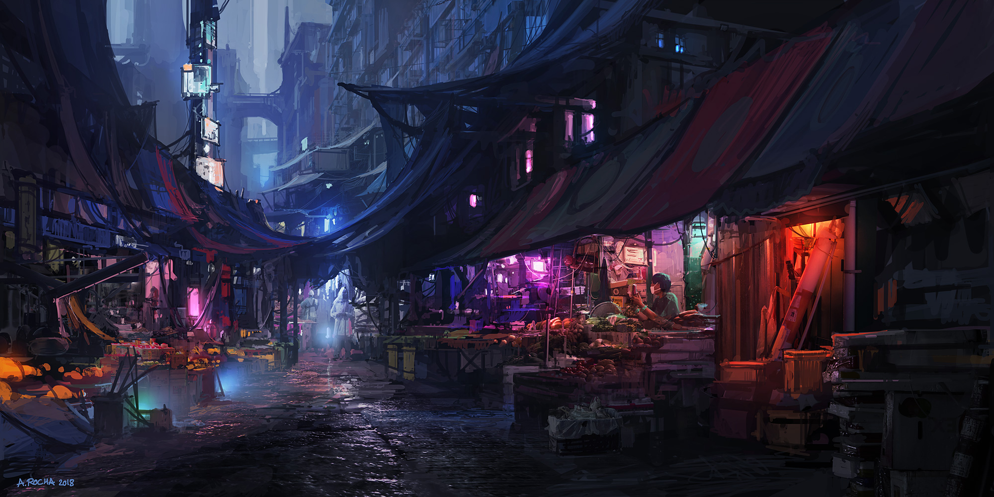 City Cyberpunk Cityscape Futuristic Market Night Wallpaper: 2000x1000