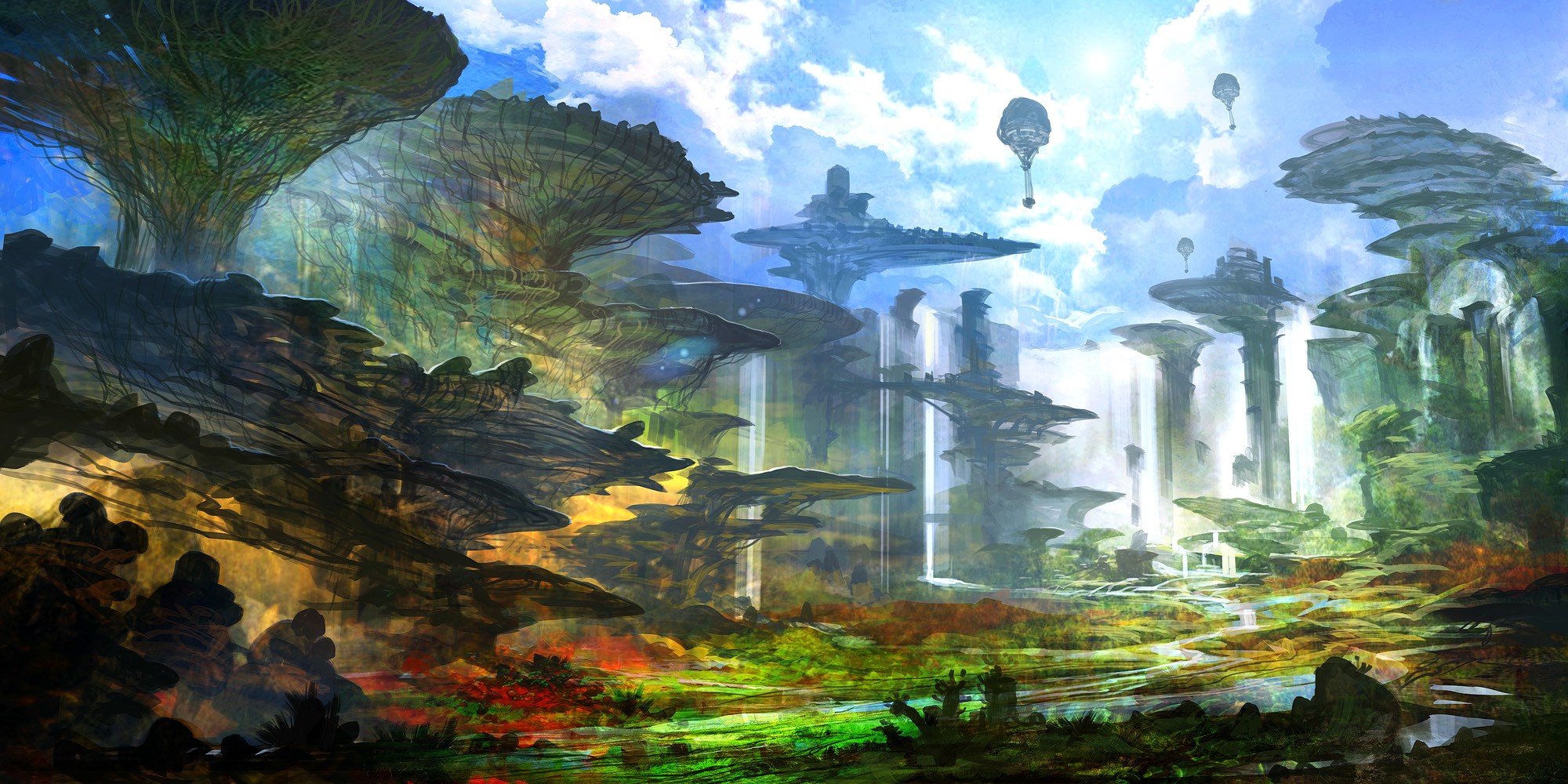 Wallpaper, 2000x1000 px, artwork, Chrono Cross, concept art, digital art, fantasy art, feng zhu, futuristic, trees 2000x1000
