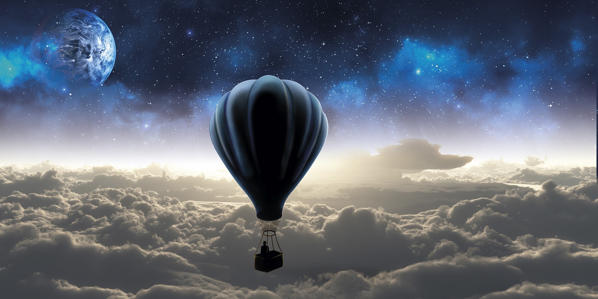 Cloud Hot Air Balloon Moon Wallpaper:2000x1000