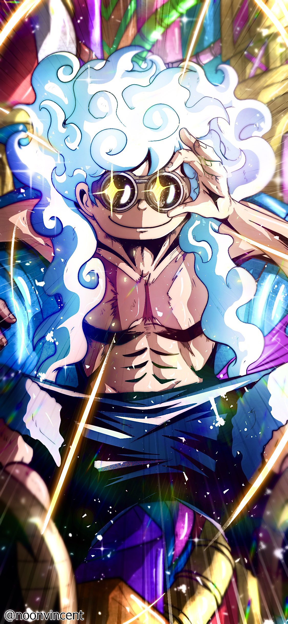 Wallpaper, One Piece, Monkey D Luffy, Gear 5th, sun god nika, vincentnoon, noonvincent, anime boys, portrait display, smiling, watermarked 1125x2436