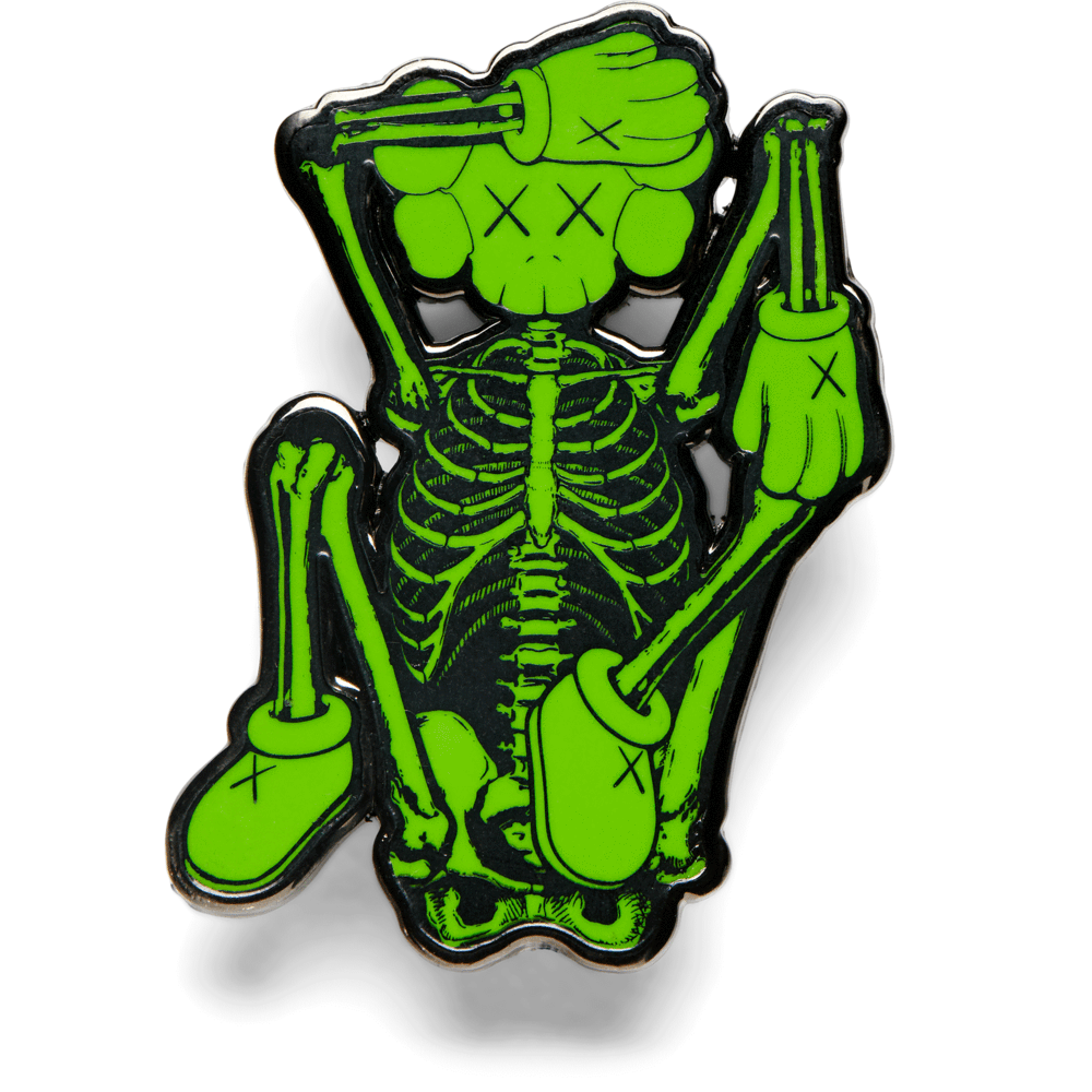 KAWS x NGV skeleton pin (Green), 2019. Green enamel, Enamel pins, Skeleton tattoos