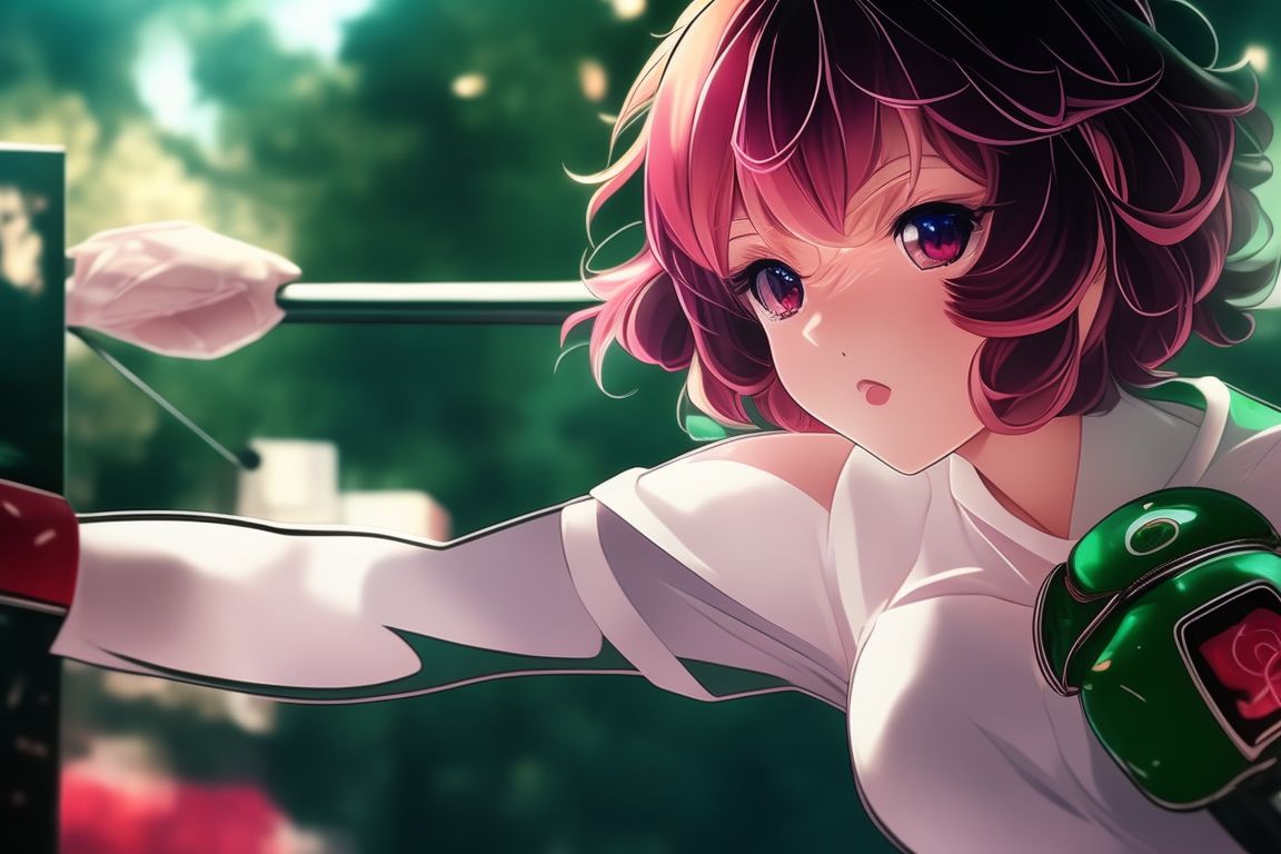 Klutzy Hyena420: Girl, Short Hair, Short Sleeves, Solo, Upper Body, Boxer Girl, Curly Green Hair, Detailed Hair, Dark Skin, Detailed Natural Skin, Boxer Girl In Attack Position, Detailed Symmetrical Large Round Magical Yellow