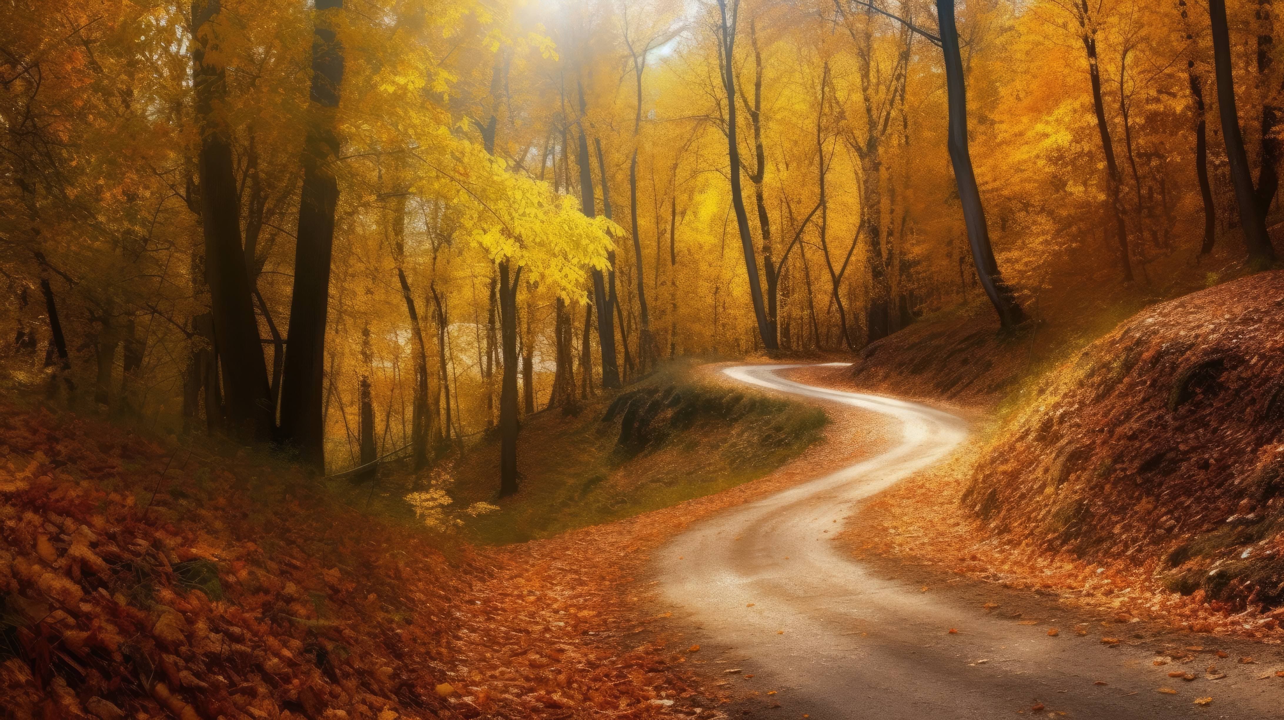 a beautiful desktop wallpaper featuring a winding road through a forest with golden autumn leaves falling from the trees -ar 16:9