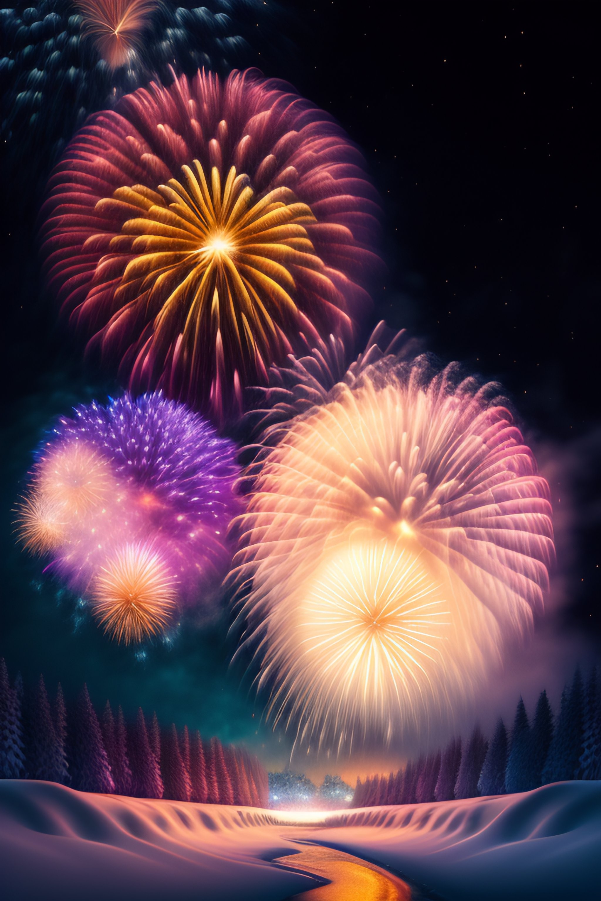 Winter fireworks 2024 happy new year digital art, 4k, super high details