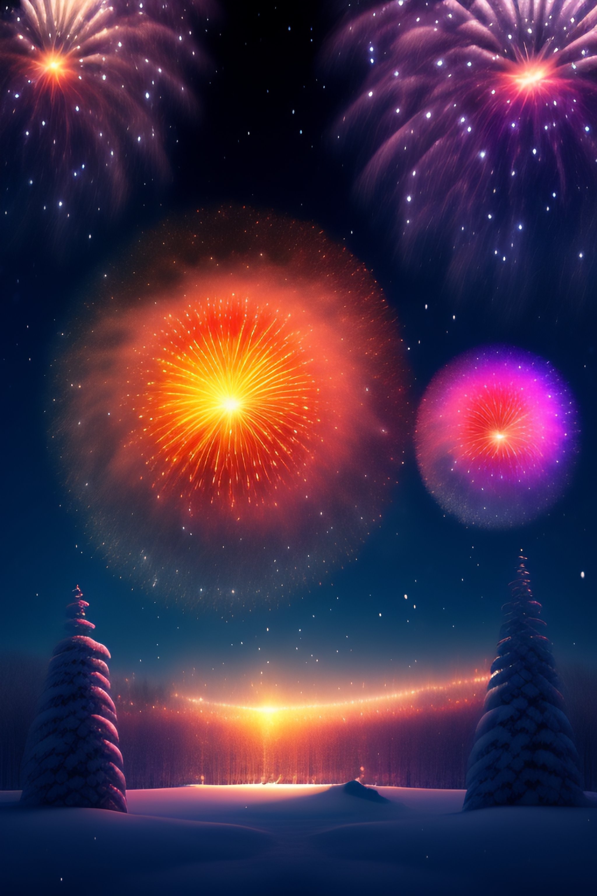 Winter fireworks 2024 happy new year digital art, 4k, super high details
