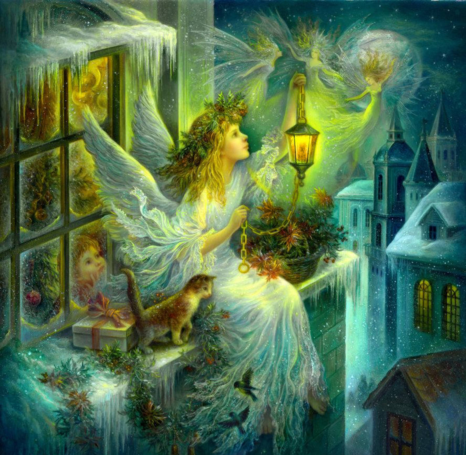 Download Christmas Angel At Snowy Night Wallpaper