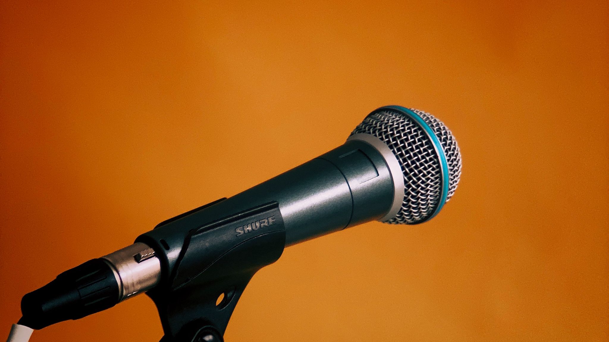Download wallpaper 2048x1152 microphone, orange, music ultrawide monitor HD background