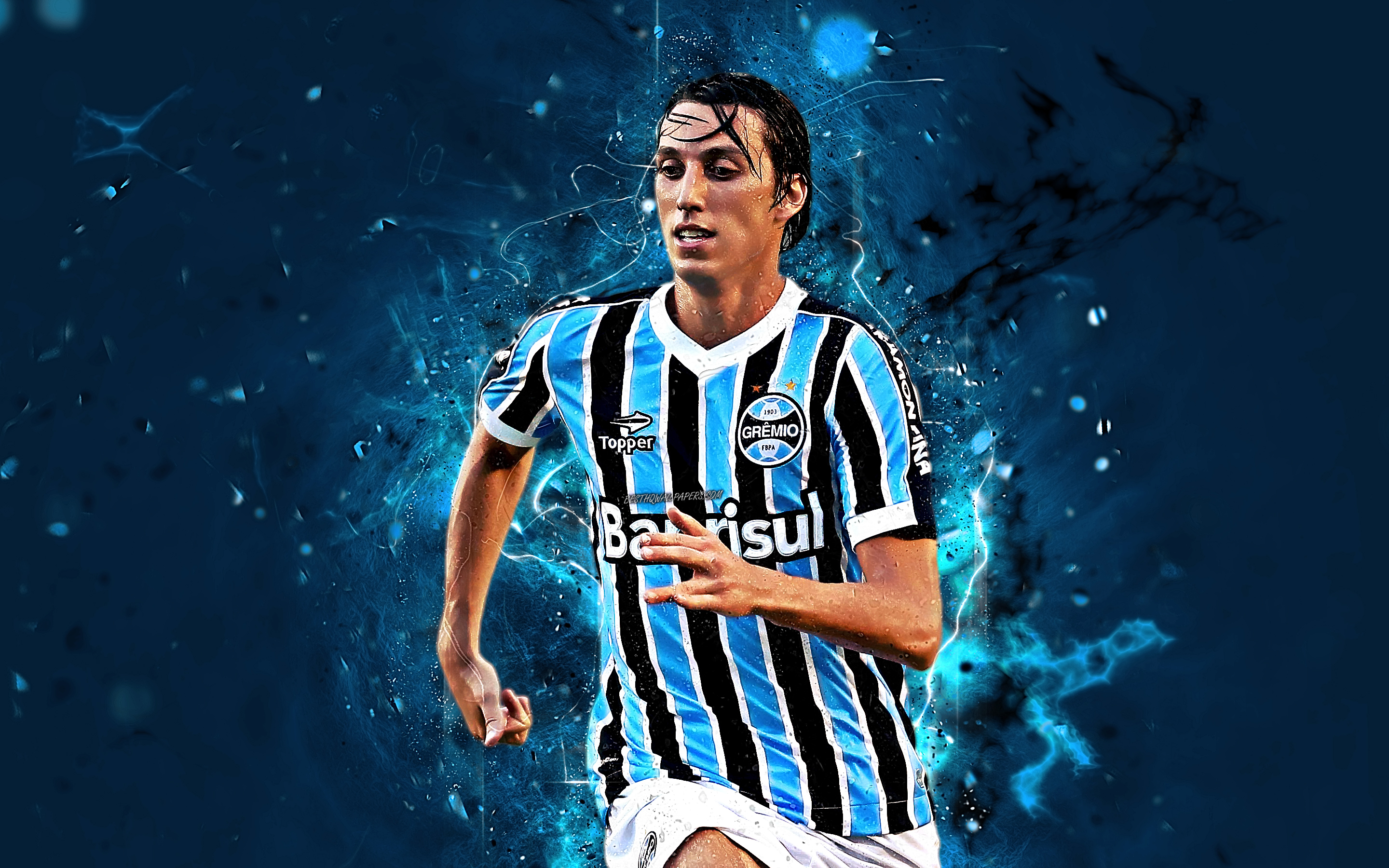 Download wallpaper Pedro Geromel, abstract art, brazilian footballers, Gremio FC, soccer, Geromel, Brazilian Serie A, football, neon lights, Brazil for desktop with resolution 2880x1800. High Quality HD picture wallpaper