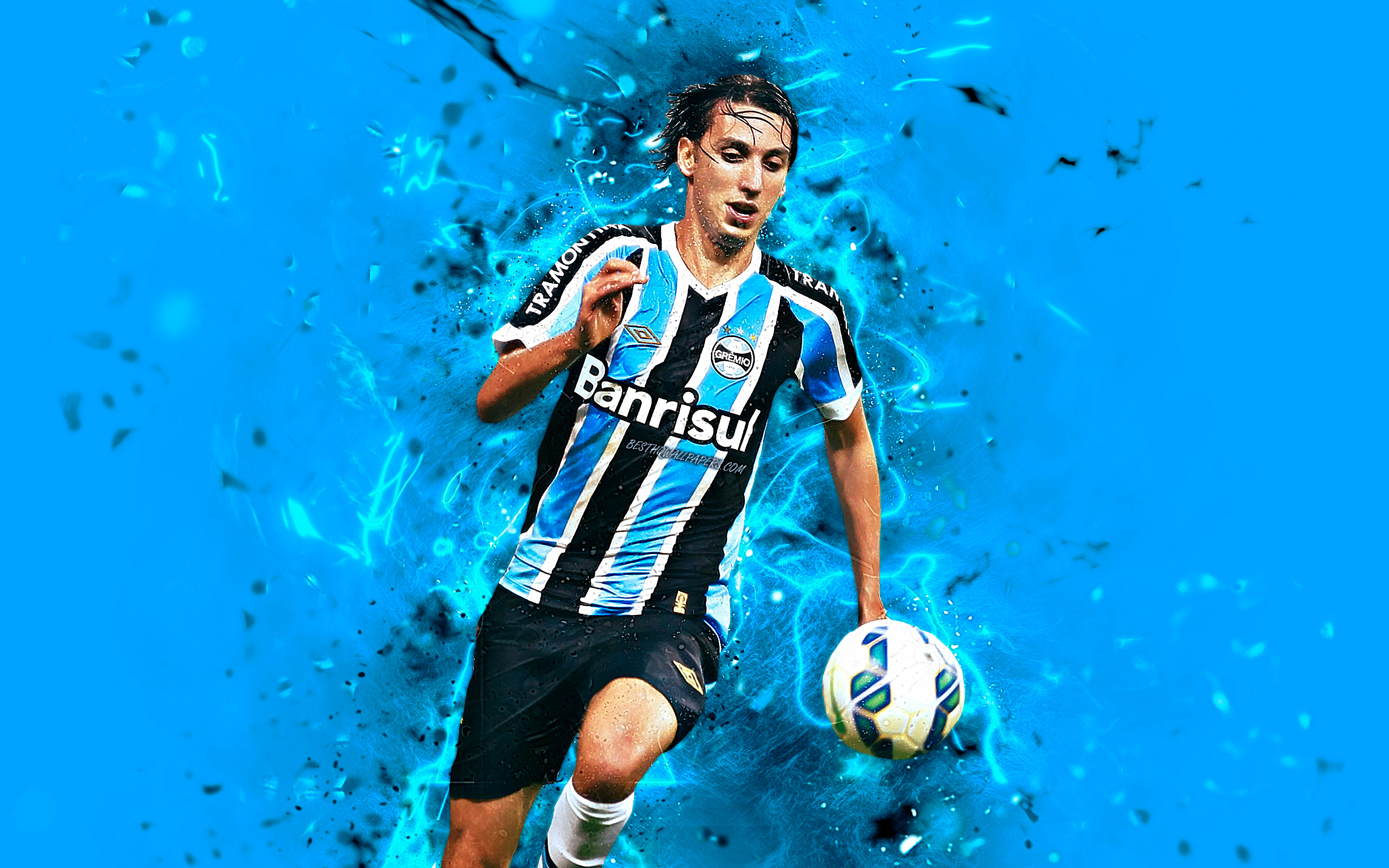 Descargar fondos de pantalla Pedro Geromel, fondo azul, el brasileño futbolistas, Gremio FC, fútbol, Geromel, el arte abstracto, Brasileño de Serie a, el fútbol, las luces de neón, Brasil monitor con una