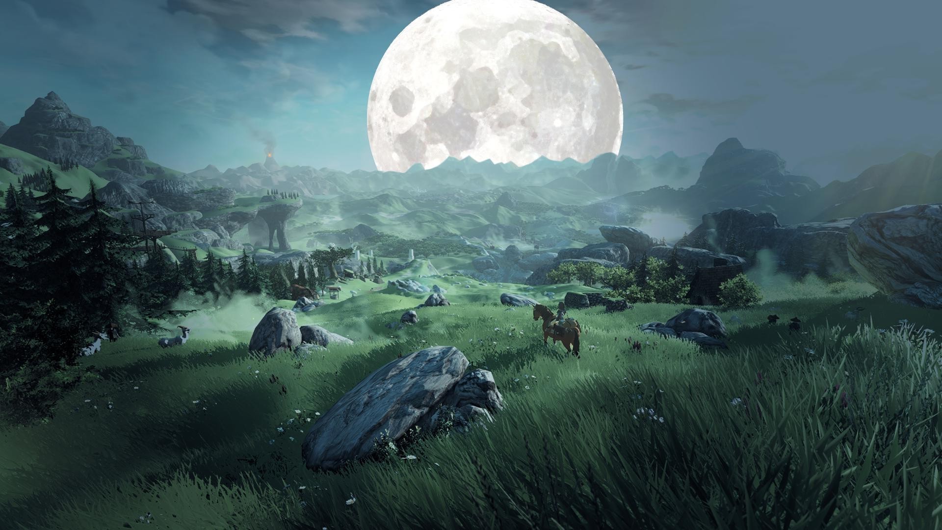 Wallpaper, 1920x1080 px, fantasy art, green, landscape, Moon, The Legend of Zelda 1920x1080