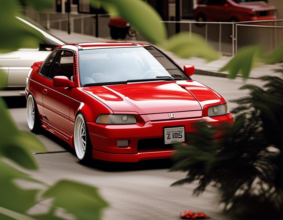 realistic looking 1995 honda civic coupe eg all red with white wheels in a toronto skyline