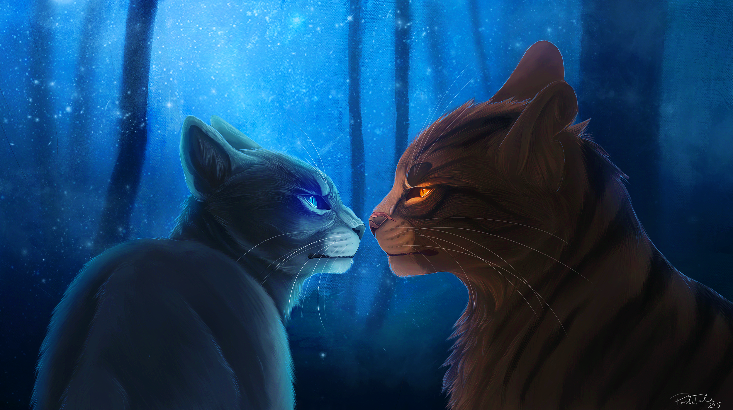 safe, artist:climbtothestars, bluestar (warrior cats), tigerstar (warrior cats), cat, feline, mammal, feral, warrior cats, 2015, alternate universe, duo, female, male