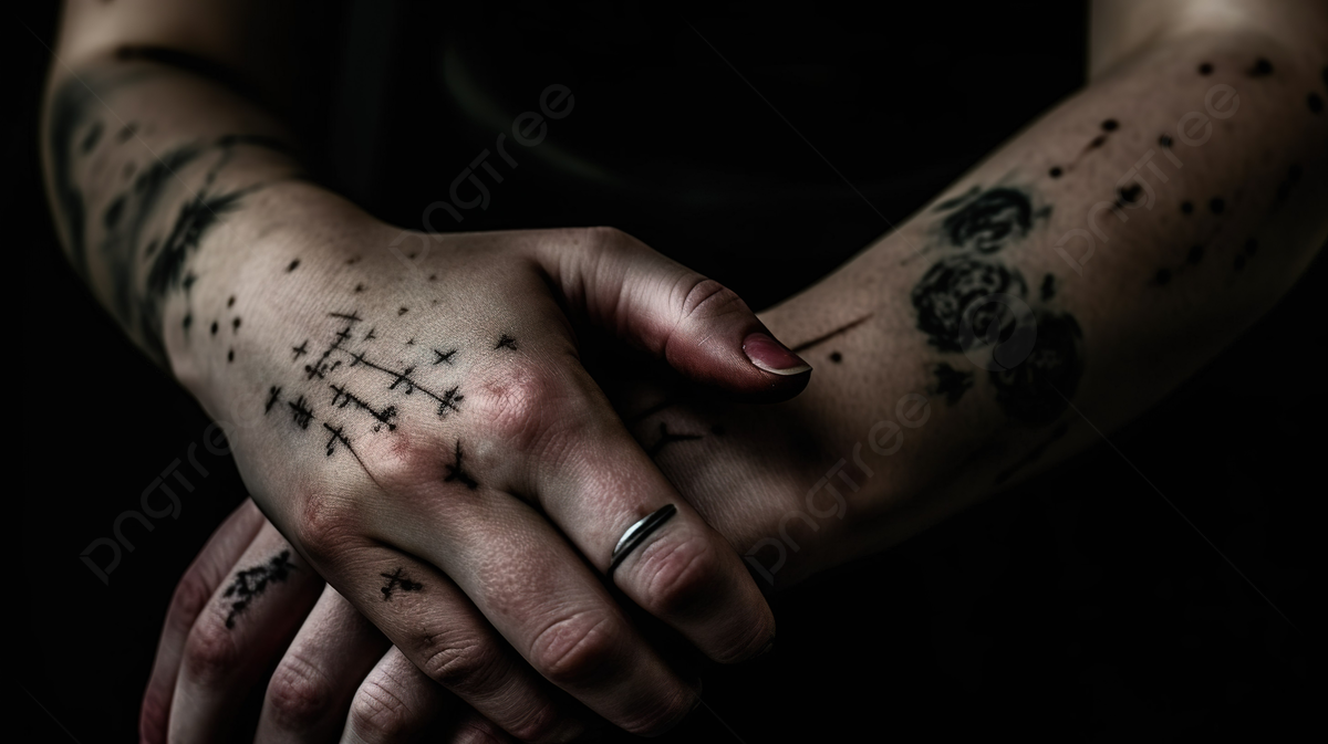 Dark Tattered Hands Of A Woman With Black Tattoos On Her Wrist Background, Picture Of Scars Background Image And Wallpaper for Free Download