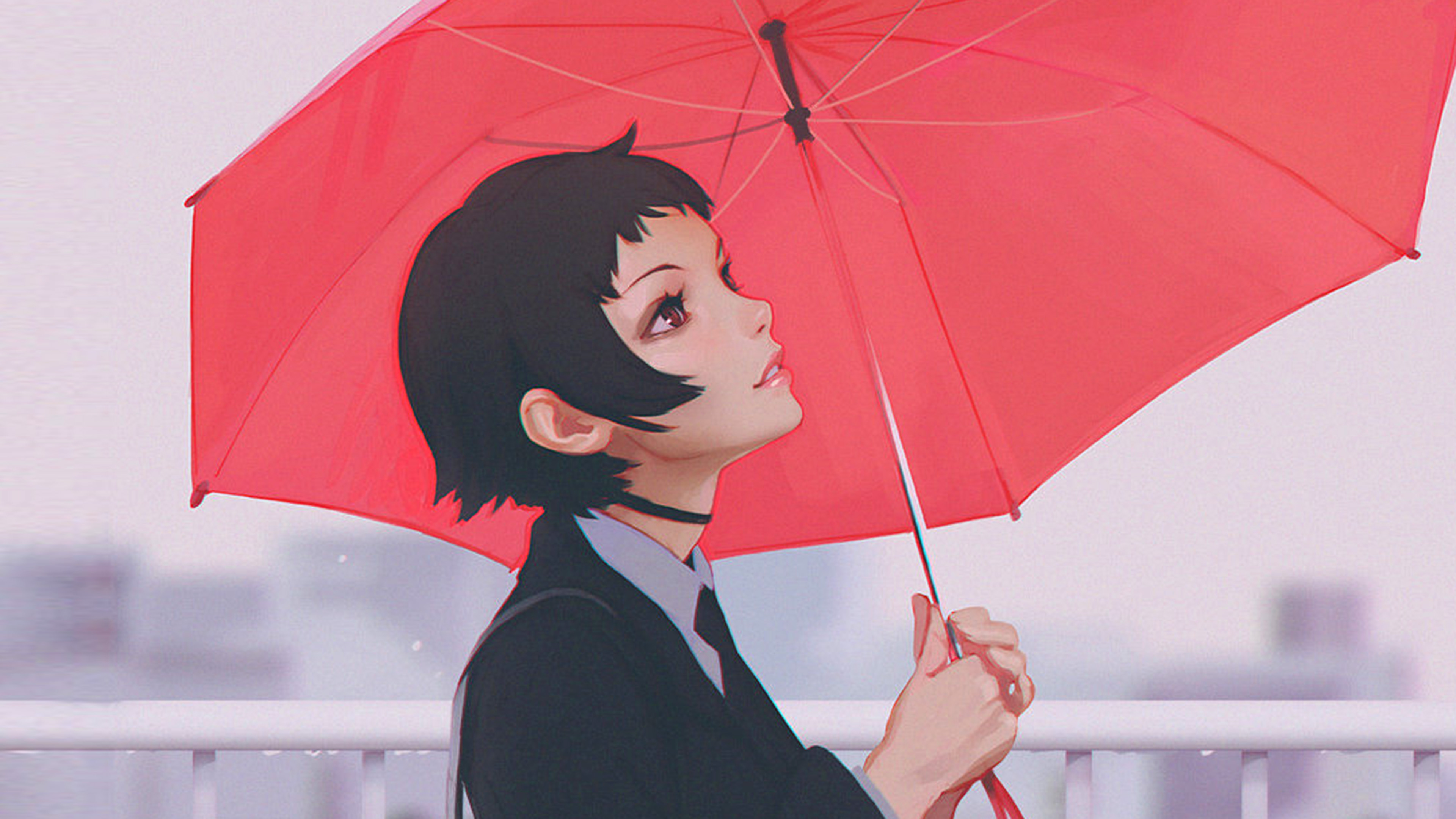 wallpaper for desktop, laptop. girl rain umbrella ilya kuvshinov red illustration art
