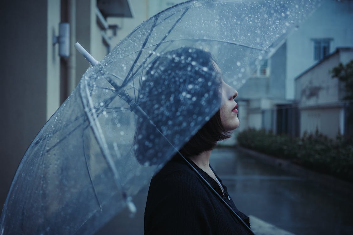 Brunette Woman with Transparent Umbrella on Rainy Day · Free