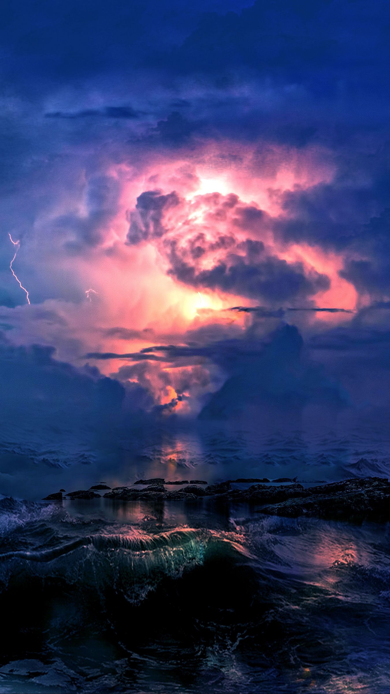 Download wallpaper 1350x2400 storm, sea, clouds, lightning, waves, overcast iphone 8+/7+/6s+/for parallax HD background