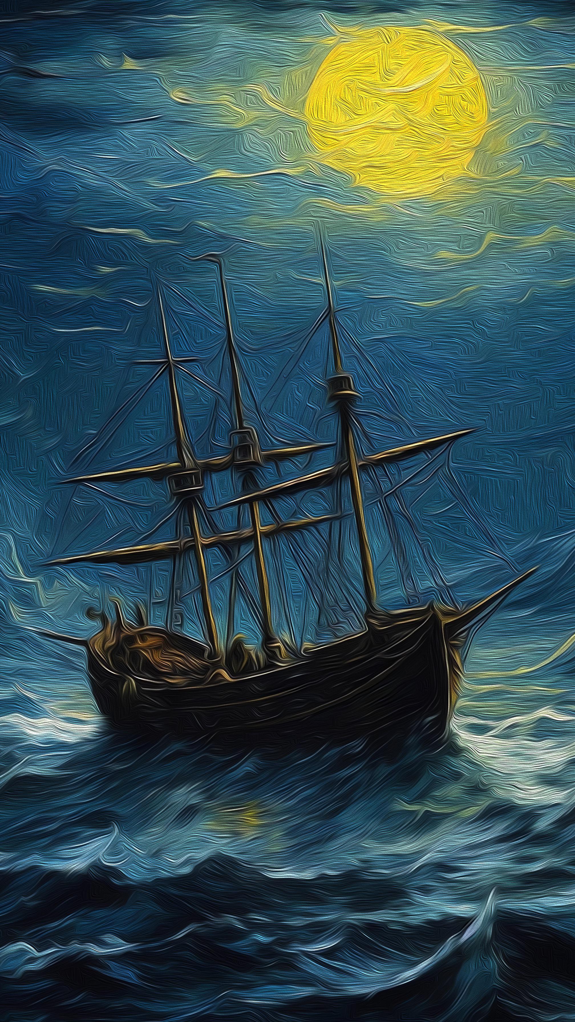 Moonlit Voyage: Beautiful 4K Painting of Boat on Stormy Ocean Night Wallpaper for Phone (Free Download)