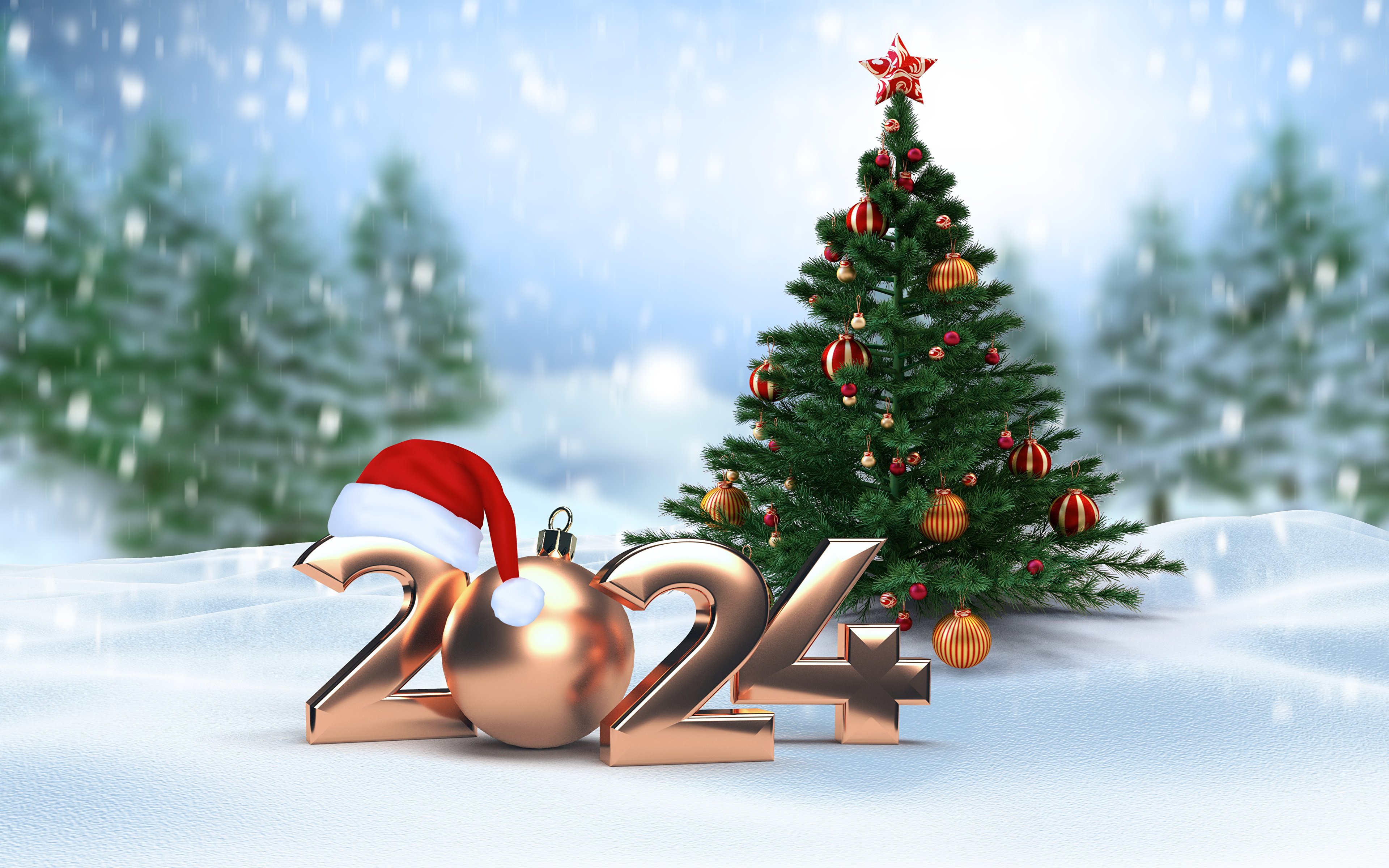 Desktop Wallpaper 2024 New year Bokeh Christmas tree Snow 3840x2400