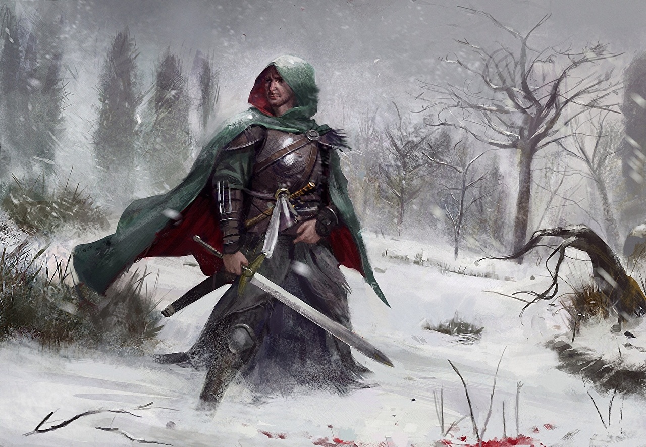 Desktop Wallpaper Swords armour Men Warriors Winter Fantasy Snow
