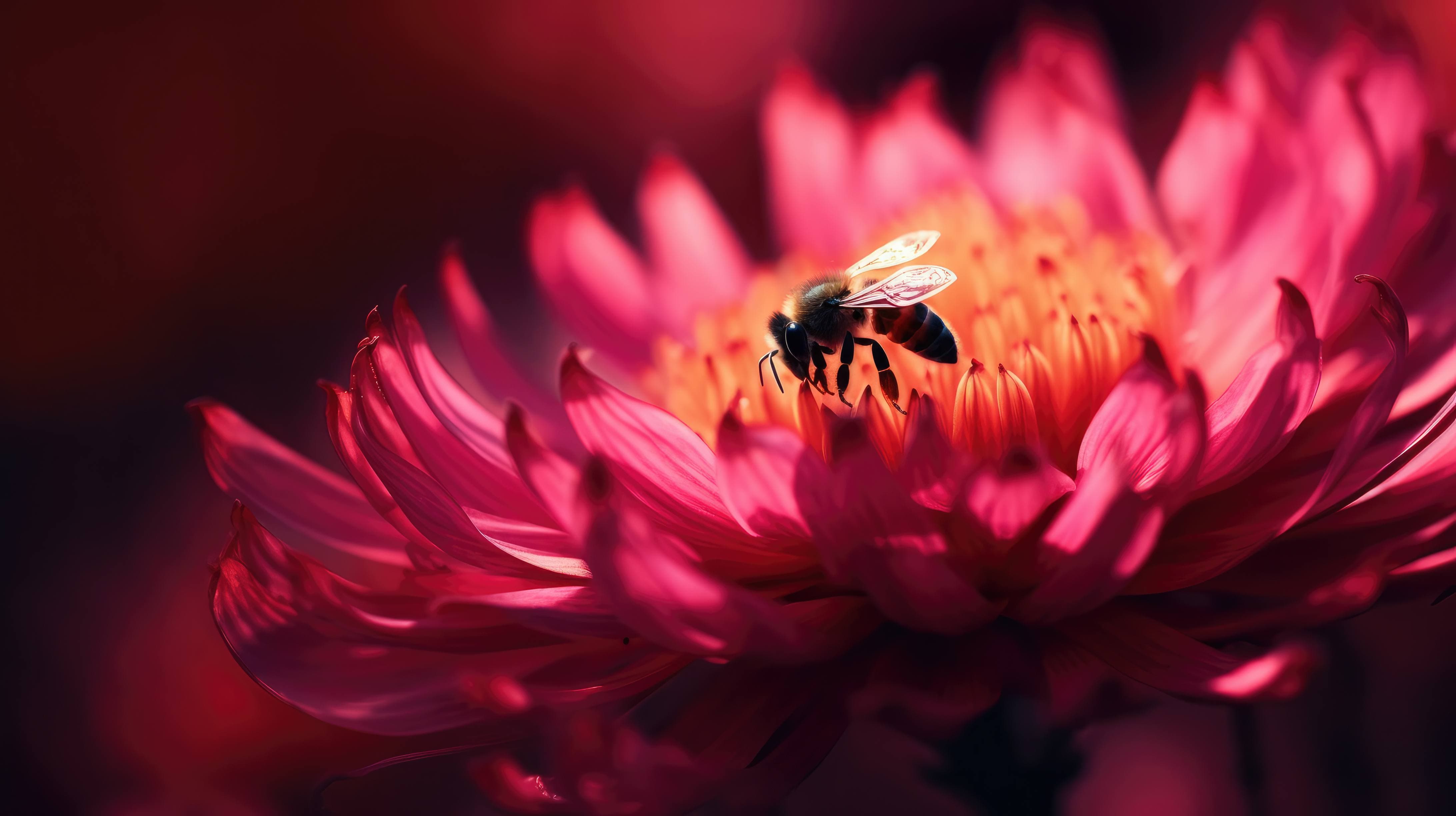 a stunning desktop wallpaper featuring a bee collecting nectar from a vibrant pink flower in the golden hour light -ar 16:9