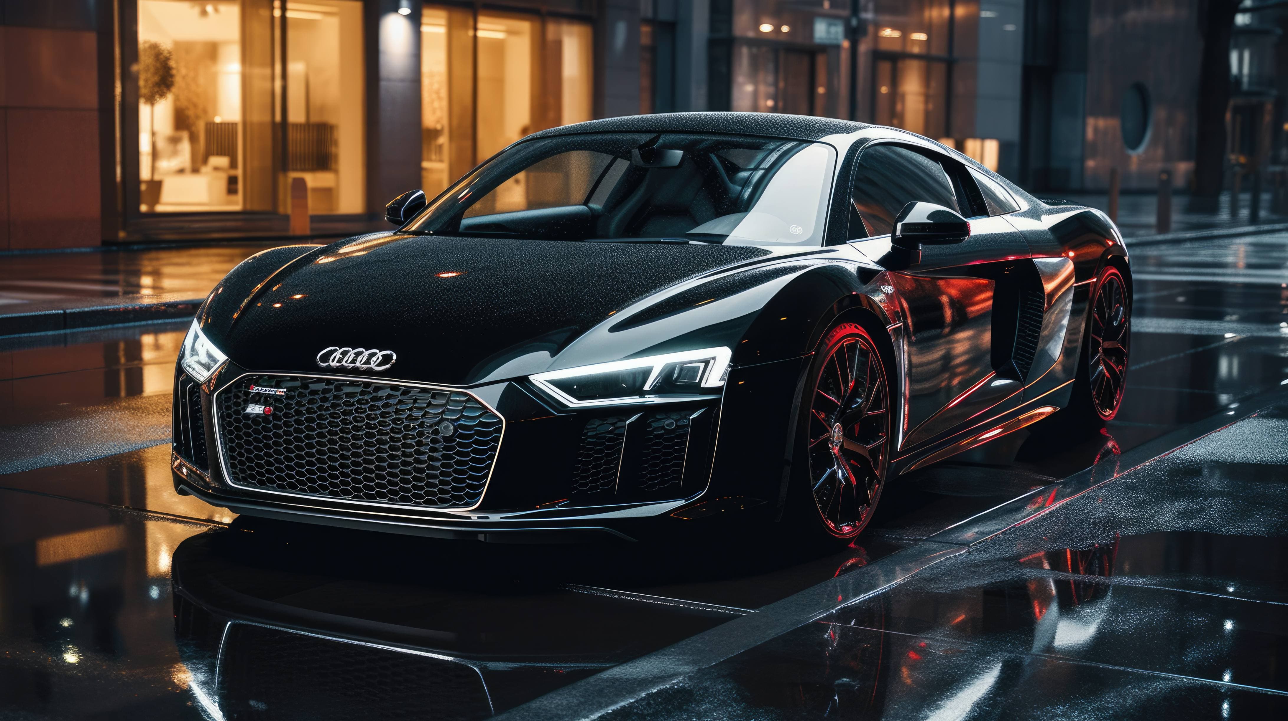 A 4K ultra HD wallpaper of a sleek, black Audi R8 parked on a city street