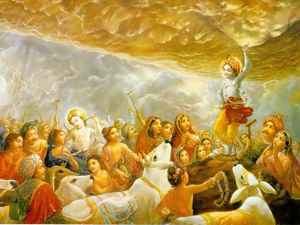 Lord Krishna lifts Govardhan Parvat. Vedas and Puranas