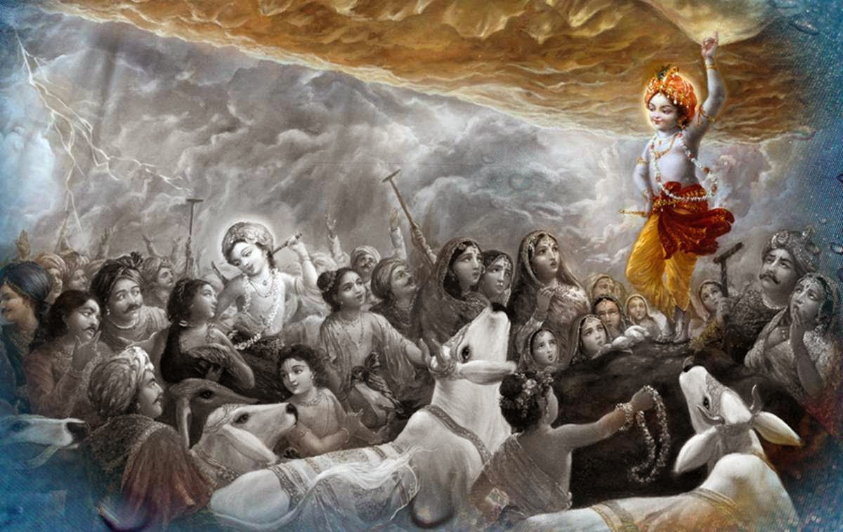 Shri Krishna taking up Govardhan Hill and crushing ego of Indra Desire Tree