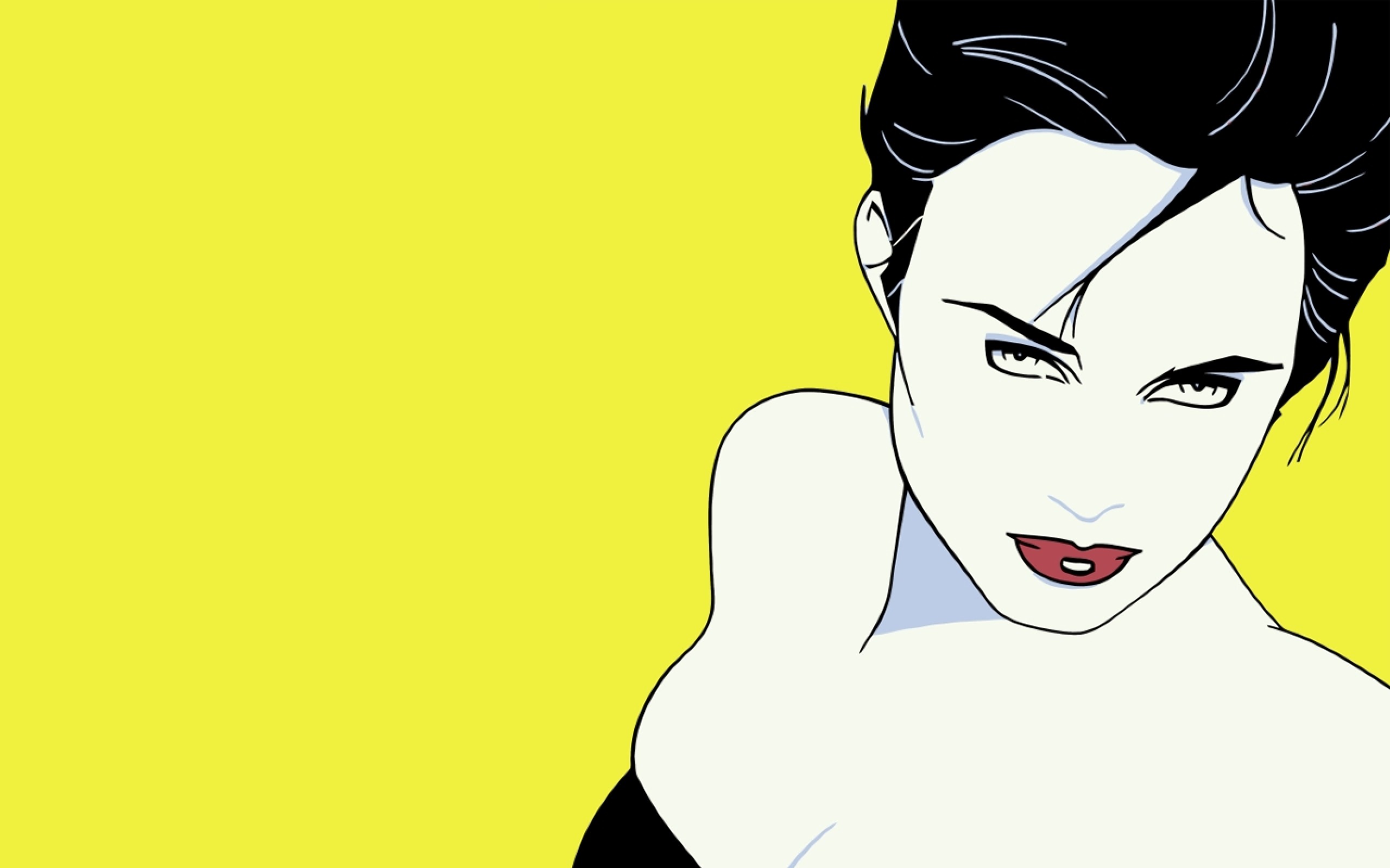 yellow background, artwork, girl, yellow, drawing, Patrick Nagel (2560x1600px) on Wallls.com