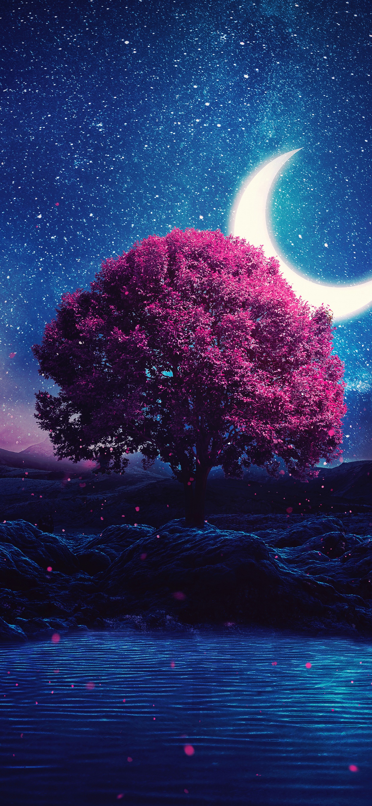 Aesthetic Wallpaper 4K, Lone tree, Crescent Moon