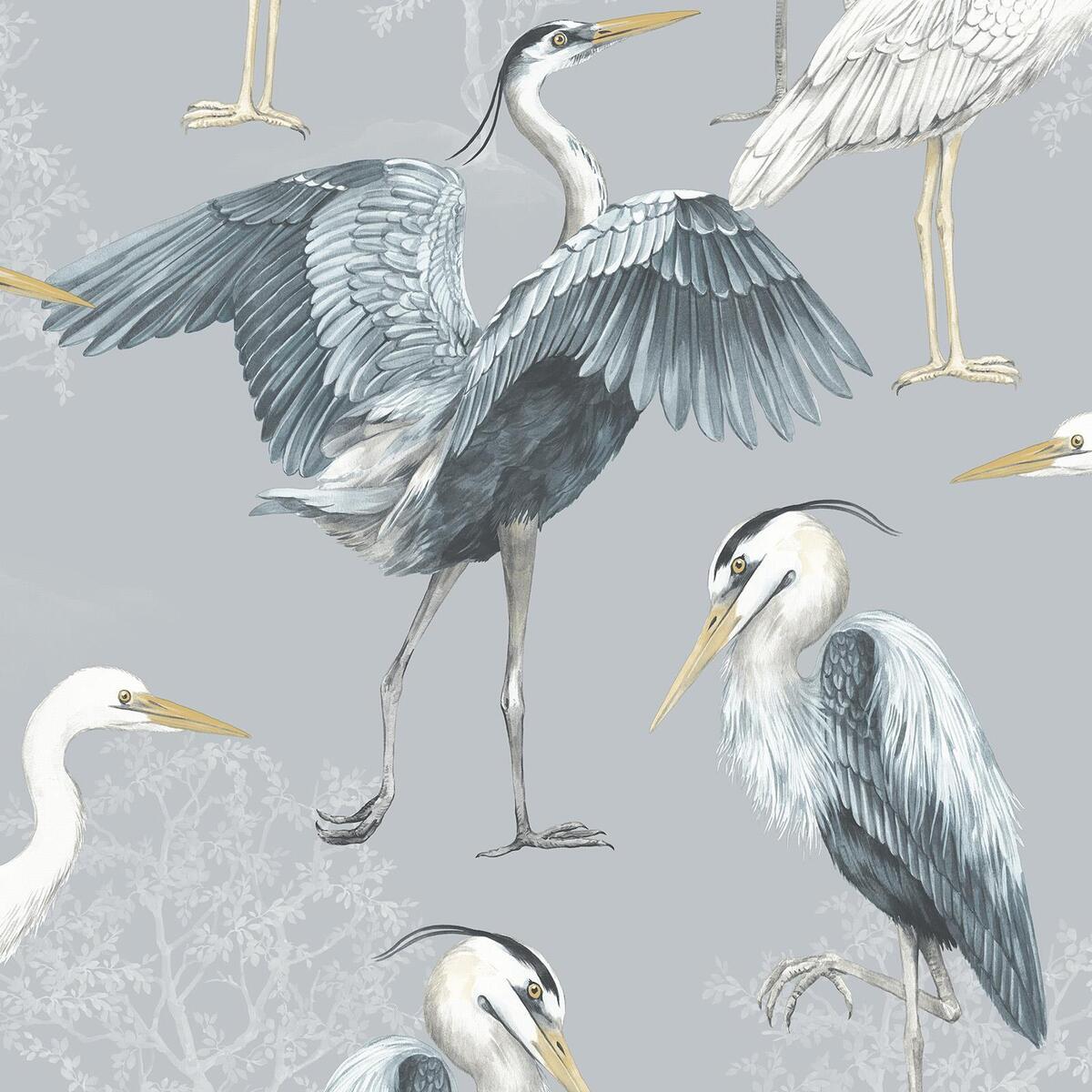 Design Library Dimension Heron Wallpaper Large Water Birds Trees Blue 283944