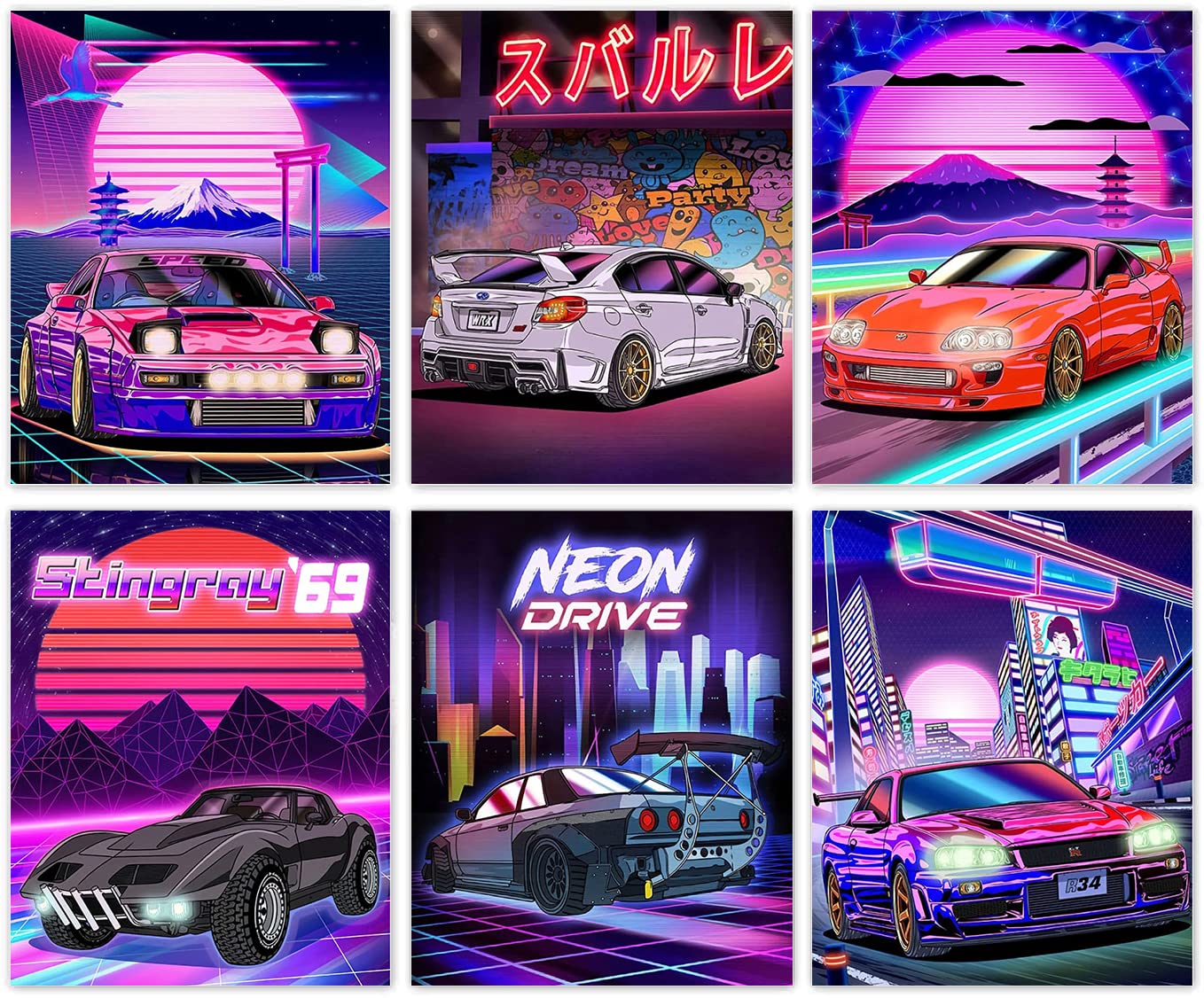 Tokyo Street Racing Wall Art Prints, Japanese Wall Art Modern Urban Neon Posters, Tokyo Skyline Mount Fuji Car Canvas Art Painting for Living Room Boys Room Wall Decor, Set of 6