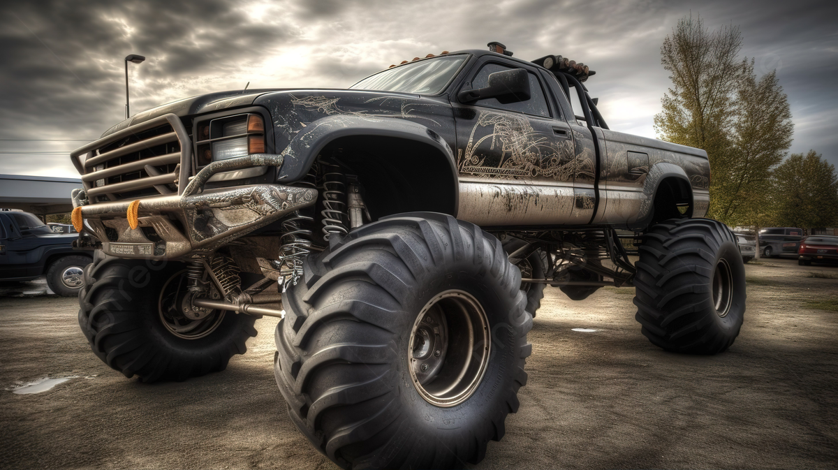 Huge Black Tires And Metal Frame Of This Big Monster Truck Background, Jacked Up Truck Picture Background Image And Wallpaper for Free Download